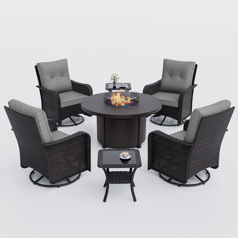 4 Person Outdoor Rocking Swivel Chair Set With Removable Cushions ,Coffee Table And Round Outdoor Fire Pit Table 40,000 BTU
