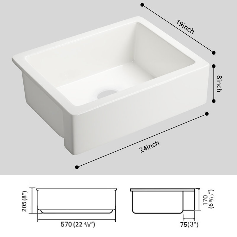 Farmhouse Single Basin Kitchen Sink, 8" H x 24" L x 19" W