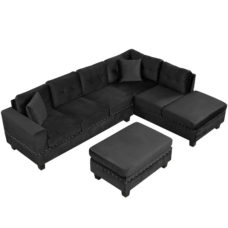 Canapé modulaire moderne de 105 po de style contemporain avec repose-pieds avec rangement, canapé en L avec 2 coussins et porte-gobelets