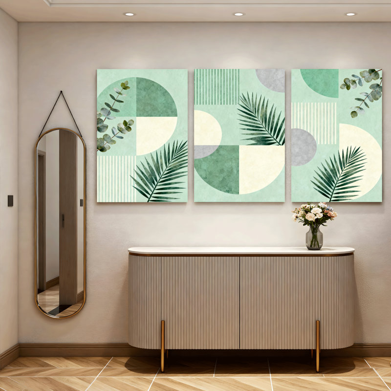 Impression sur toile de palmier tropical et motif géométrique sur toile, ensemble botanique moderne (ensemble de 3)