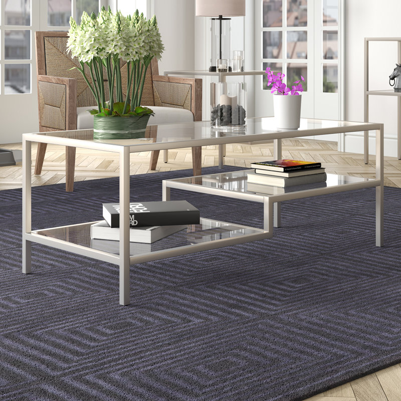 Four Leg Coffee Table with Storage, 43 cm H x 114 cm W x 56 cm D, Satin Nickel