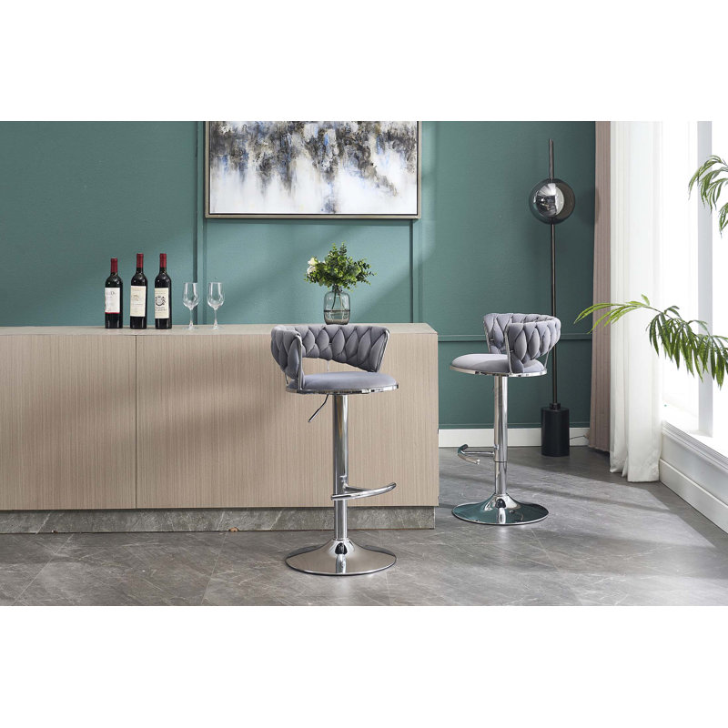 Ensemble de 2 tabourets de bar, avec repose-pieds et base pivotante en velours à hauteur réglable et tabouret de bar simple chromé