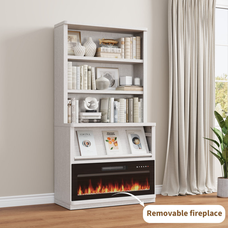Brusnice 71" H x 37" W Standard Bookcase with Electric Fireplace and 5-Tiers Shelf, White