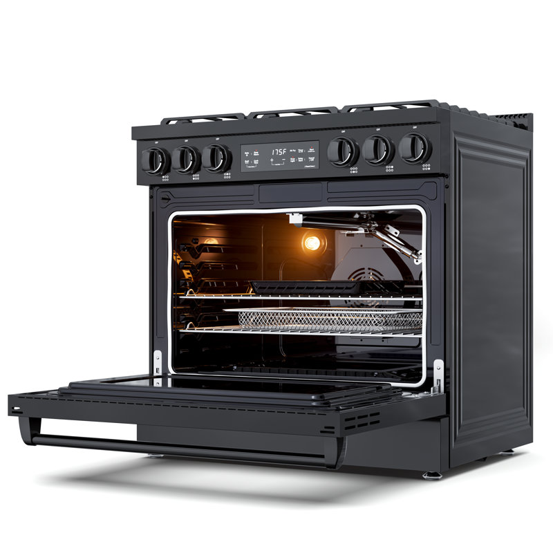 Ensemble de 4 appareils de cuisine comprenant une cuisinière à gaz encastrable de 91 cm (36 po) et de 173 litres (6,1 pi³), une hotte de cuisine sous armoire de 76 cm (30 po) avec ou sans conduit, un réfrigérateur à vin et à boissons à deux zones de 61 cm (24 po) et un réfrigérateur à boissons de 61 cm (24 po) d'une capacité de 230 canettes, noir.