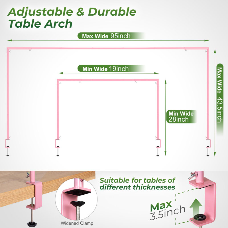 Over The Table Rod Stand with Clamps Adjustable 28"-43.5" Tall Table Arch Hanging for Wedding Party Decorations, Pink