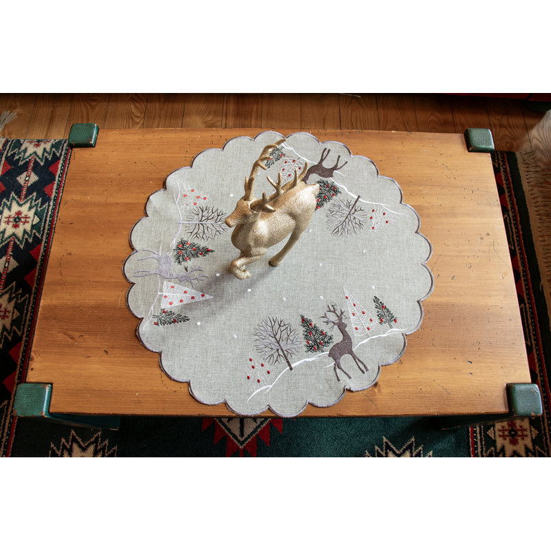 Jovonny Embroidered Reindeer Grey Table Topper, 23" Round