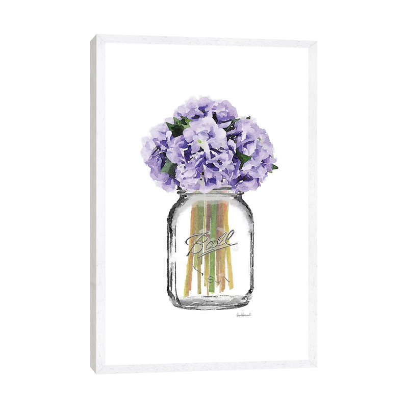 Glass Jar With Purple Hydrangeas by Amanda Greenwood - Painting on Canvas, 101.6 cm H x 66.04 cm W, White Framed Canvas