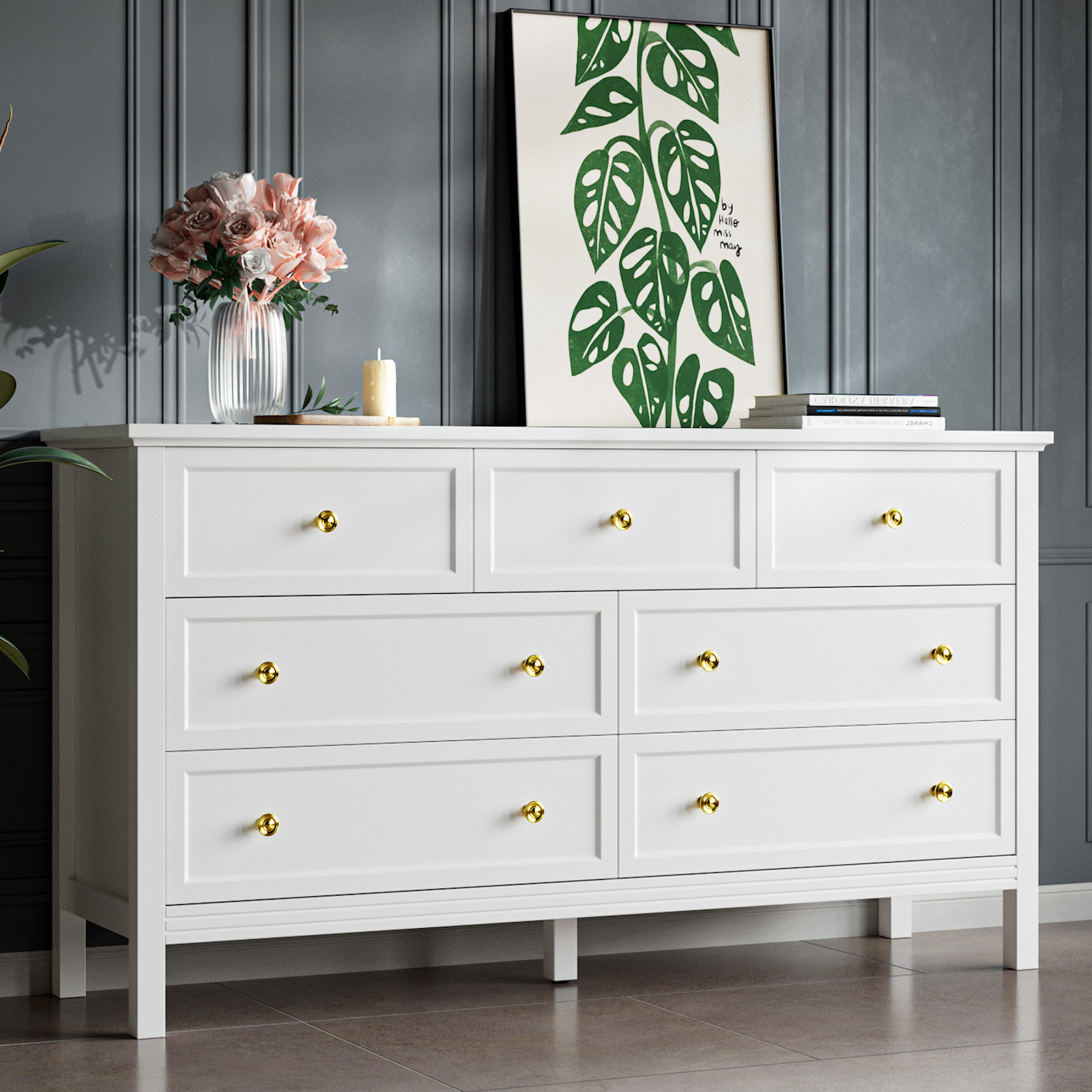 Winston Porter 7 Drawer Dresser, Modern Dresser With Gold Handles