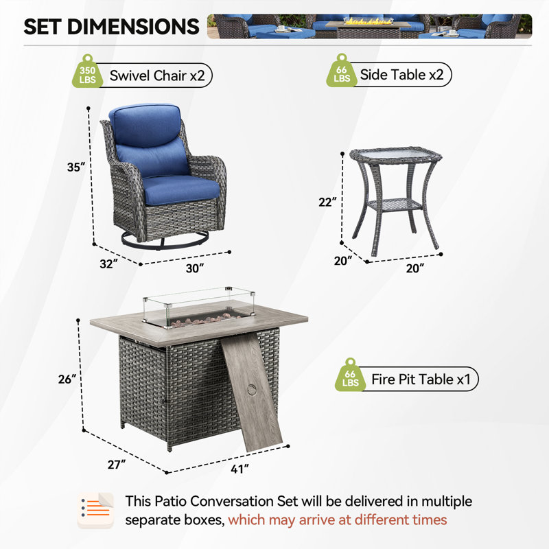 Simle 7-Piece Outdoor Seating Group PE Wicker Swivel Glider Chair With Cushions And Side Table, Gray, Blue