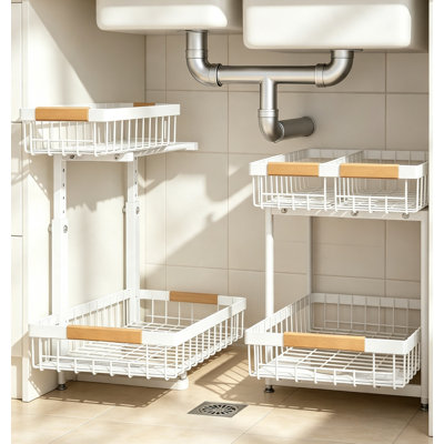 Ensemble de 2 armoires sous le comptoir en métal blanc, étagère de rangement coulissante réglable à 3 niveaux à hauteur réglable, rangement polyvalent pour meuble-lavabo de salle de bain et armoire de cuisine