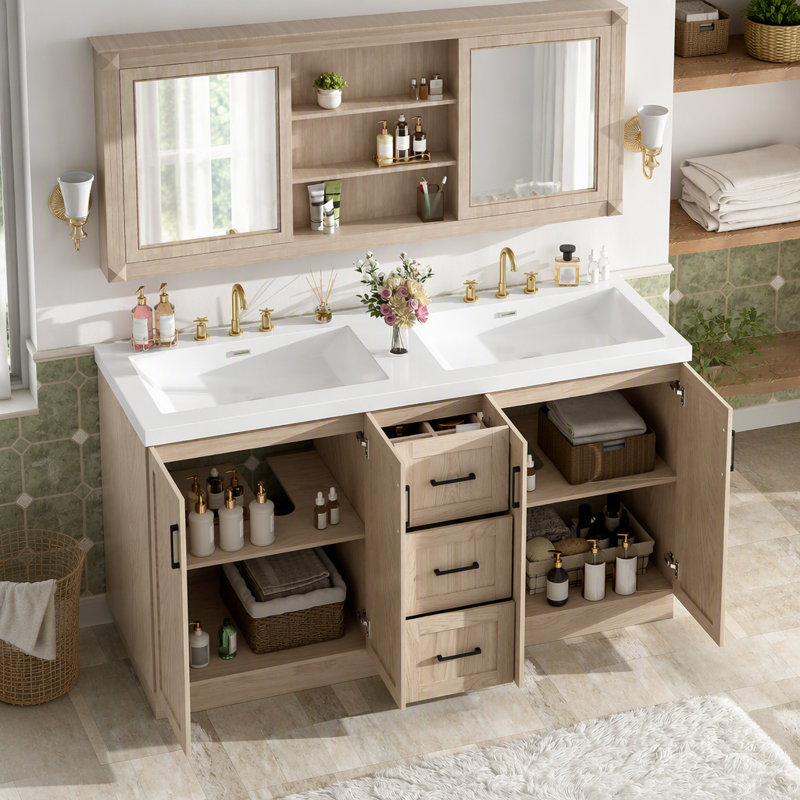 Meuble-lavabo à double cuve 59 po avec lavabo Smc 59 po, 4 portes et 3 tiroirs, meuble-lavabo moderne en bois MDF avec tablettes ajustables