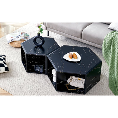 Duo de tables basses hexagonales - motifs blancs minimalistes, fabrication, matériau de rangement supplémentaire tendance, look moderne, pratique