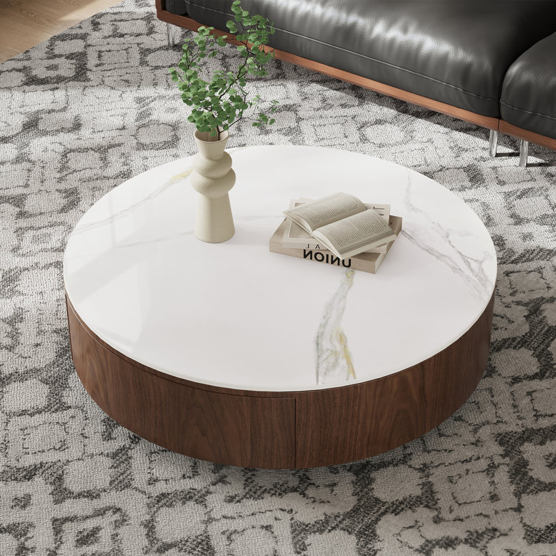 Table basse 35 po pour salon, table basse en marbre avec tiroir, sans assemblage, Walnut