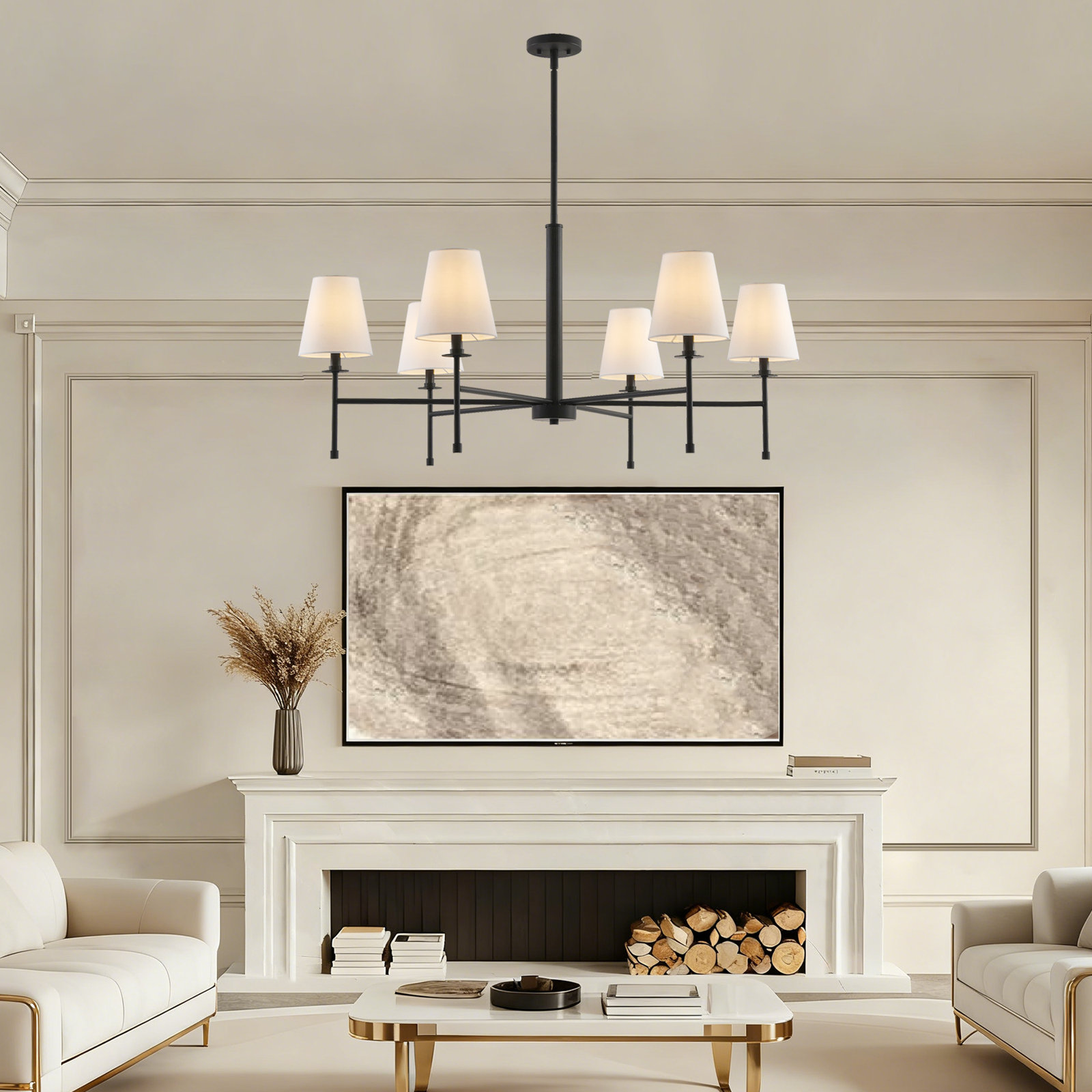 Modern 6-Light Chandelier with Shades, Matte Black