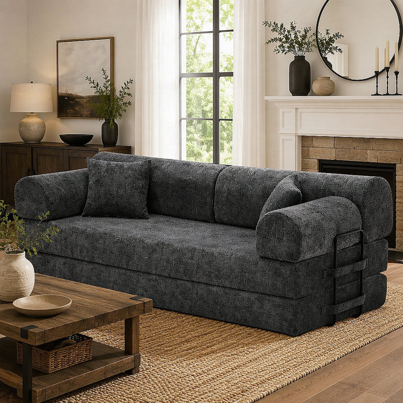 Canapé-lit convertible 4-en-1 avec tissu bouclé, Speckled Black Boucle