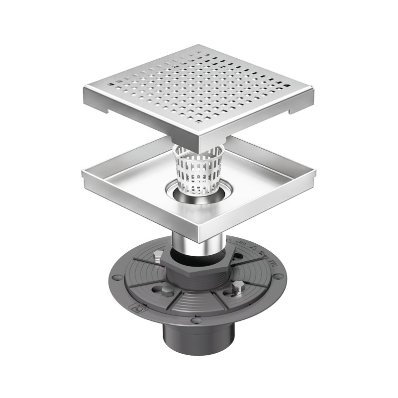 6 In. X 6 In. Stainless Steel Square Shower Drain With Square Pattern Surface And PVC Drain Base, Brushed Nickel