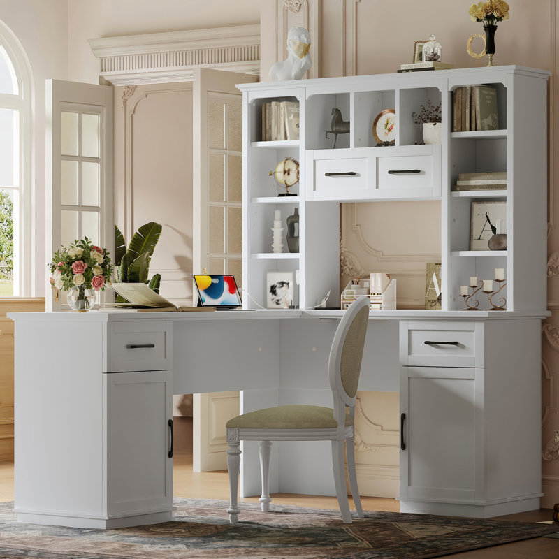 Bureau d'ordinateur en L avec prise de courant, Blanc