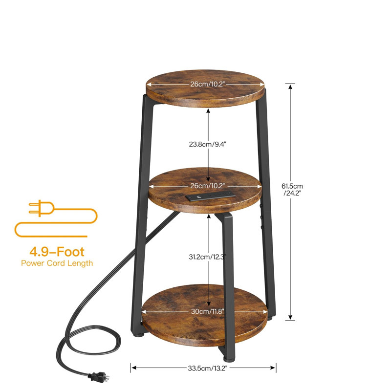 Table de bout ronde avec station de charge, petite table de chevet à 3 niveaux
