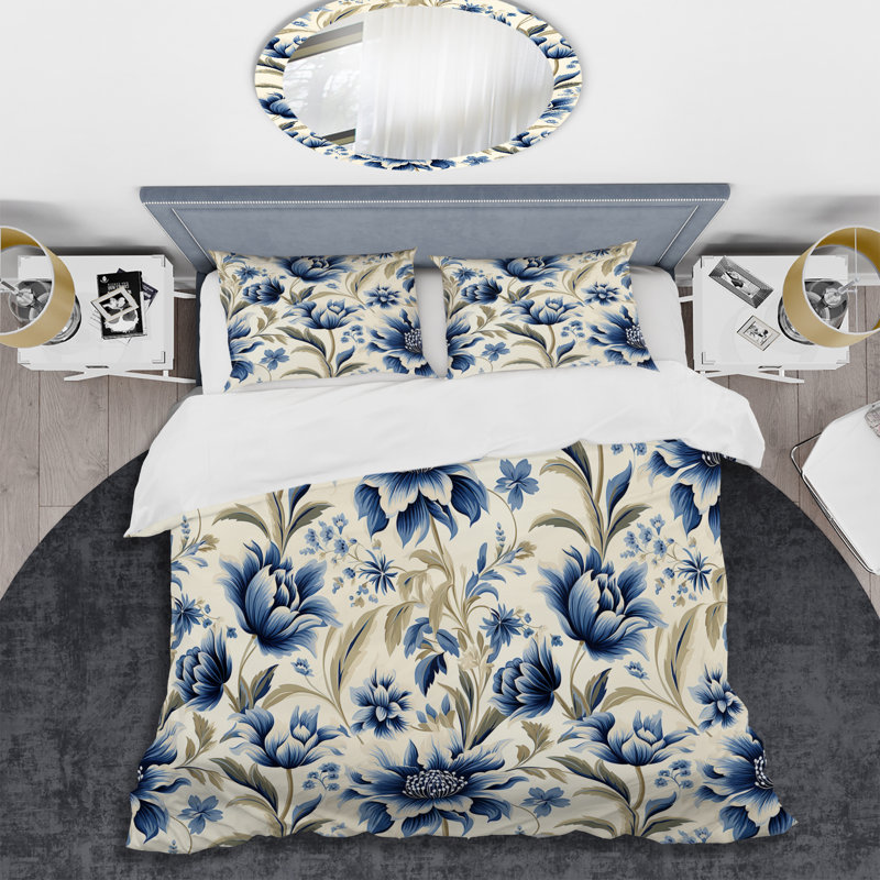 Ensemble de housse de couette floral bleu Ikat Floral Harmony II, Housse de couette pour grand lit et 2 taies décor