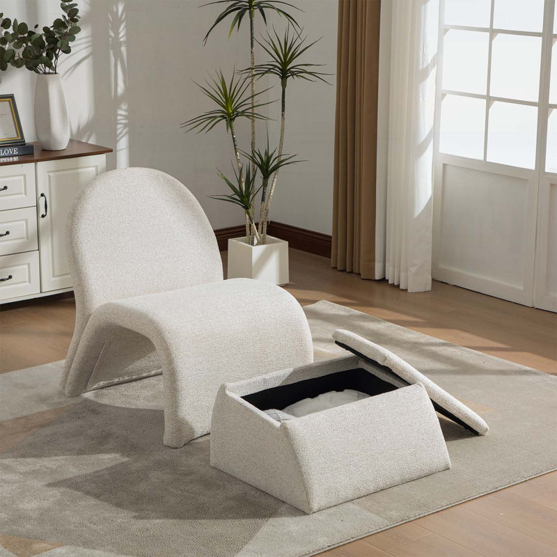Fauteuil rembourré moderne avec repose-pieds avec rangement, Beige