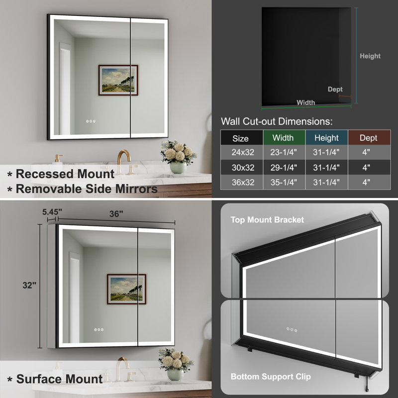 Black Framed Medicine Cabinet with Lights and Mirror, Recessed/Surface, Plug-in/Hardwired, Outlets+USBs, 3 Colors/Dimmer/Inner Sensor Light/Defog, Magnetic Area