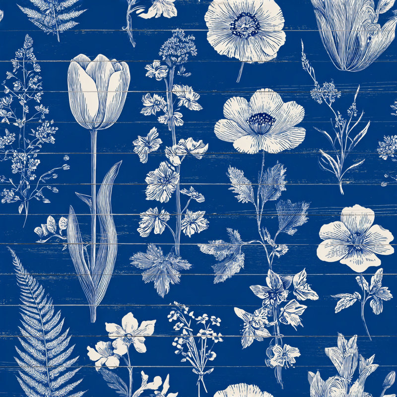 "Botanical Blueprint", art mural sur toile bleue, H 40 po x l 40 po x P 1,5 po