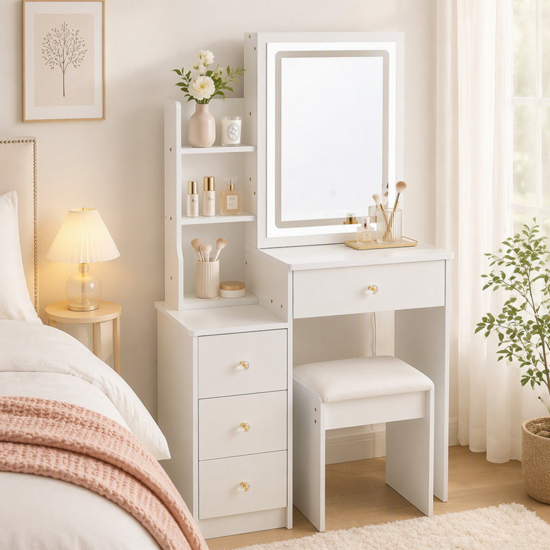Coiffeuse compacte de 74 cm (29,2 po) avec miroir à DEL et tabouret rembourré, miroir tactile à luminosité réglable (3 couleurs), grand espace de rangement, meuble de chevet gauche