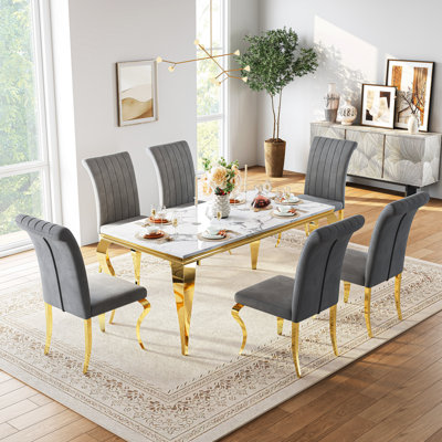69" Large Rectangular Marble Dining Table, Elegant Faux Marble Kitchen Table With S-Shape Stainless Steel Legs, Luxury Dining Table