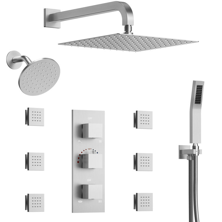 DualJetSpa 12" x 6" Dual Shower Heads, Thermostatic Shower Faucet System with Rough-in Valve and Body Jets