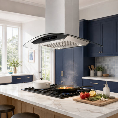 VENFAN 36" 900 CFM Convertible Island Range Hood in Stainless Steel and Curved Glass with Voice & Touch Controls and 4 LED Lights