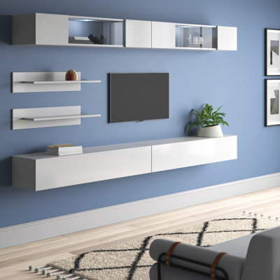 Chanera 126" Modern Floating Wall Mounted Entertainment Center with 16-Color LED Lighting, High Gloss Finish