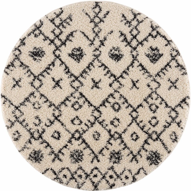 Tapis beige / noir à poils longs Adeen, Rond 7 pi 10 po