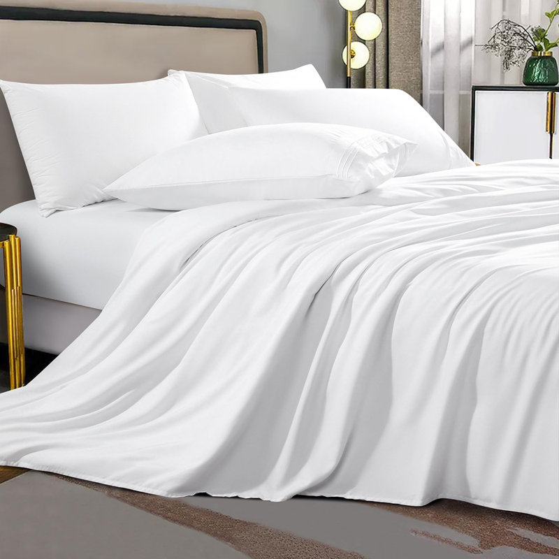 6 Pieces Bamboo Cooling Bed Sheets Set - 16" Deep Pockets, Queen Sheet Set + 1 Fitted Sheet + 4 Pillowcases, White