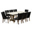 Cet ensemble de table de salle à manger 9 pièces comprend une table rectangulaire en bois avec pieds en V et 8 chaises rembourrées en similicuir noir, en lin brossé blanc.-1592848656