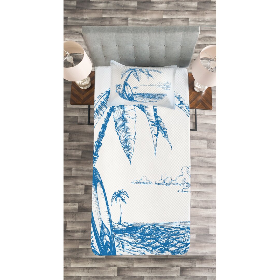 Gestepptes Bettdecken-Set, Surf Hawaii-Strand, Blau Weiss, Blau Weiss