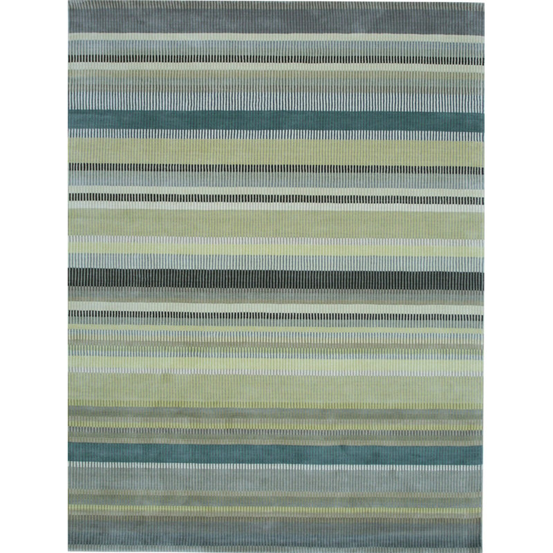 Green Hand-Knotted Wool Linear Pixelation Geometric Modern Contemporary Carpet Rug, 6' x 9'