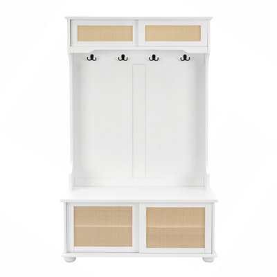 Clothes Hanger Hall Tree Storage Bench Shoe Rack For Entryway, Hall Tree With Bench And Shoe Storage, Hall Tree Entryway Bench With Rattan Door, 40.16"W*18.58"D*64.17"H