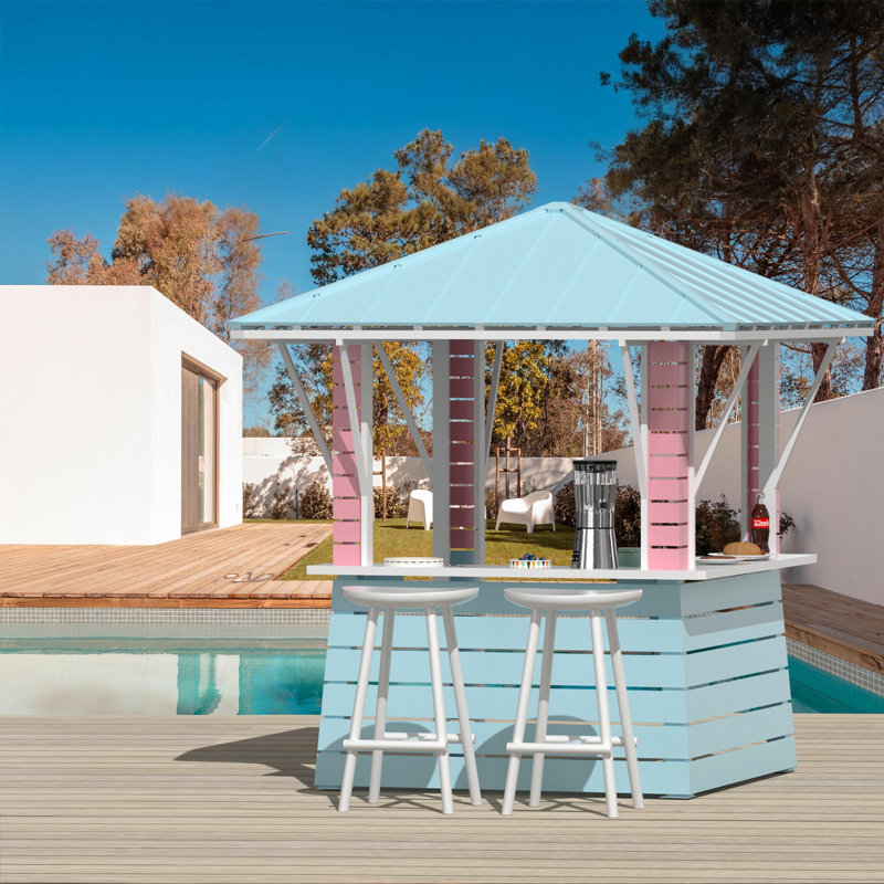 Hawaii Galvanized Steel Hardtop Blue Pink Gazebo Pavilion with USB Charging Socket and BBQ Bar Table Shelf