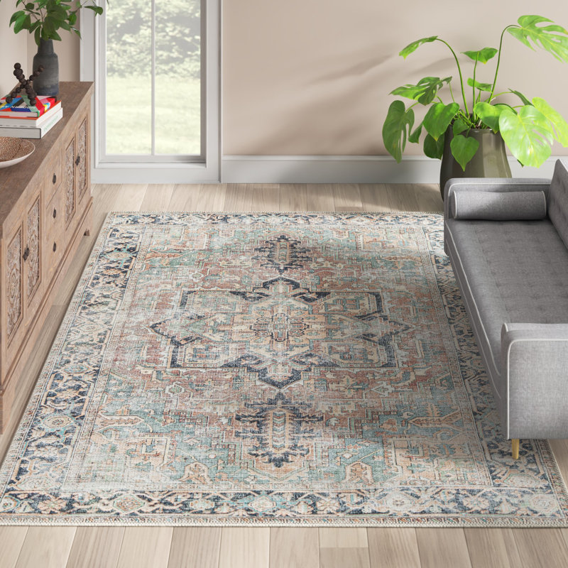 Hodnett Oriental Blue/Ivory Machine Washable Area Rug, Rectangle 7'6" x 9'6"