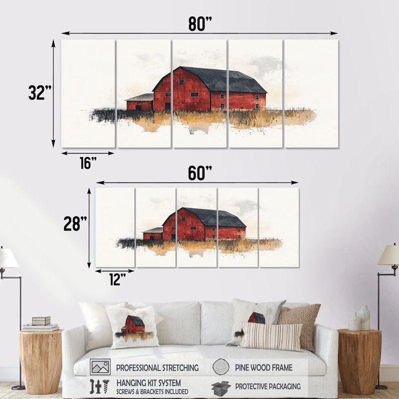Paysage de grange rustique rouge et noir I - ensemble d'art mural de ferme, H 28 po x l 60 po