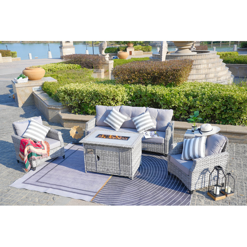 Ensemble de conversation avec canapé en rotin 5 pièces Harnadar, Polyester filé gris, P 26,52 po x l 39,39 po x H 25,35 po