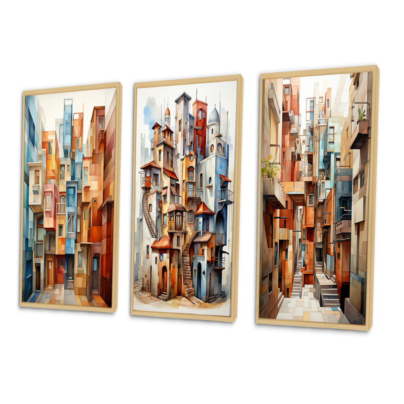 «Cubism Art Multidimensional», 3 pièces sur toile, Encadré naturel, H 28 po x l 36 po