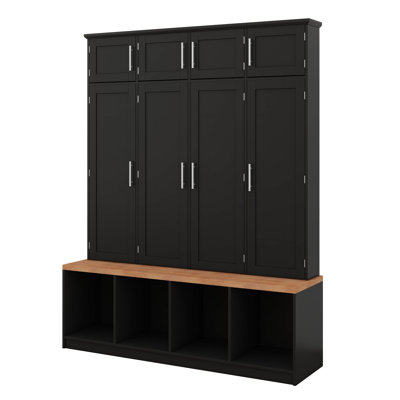 Farmhouse Hall Tree With 4 Hidden Hanging Hooks, Versatile Walnut Seating Bench With 8 Doors, Entryway Shoe Cabinet With Open Compartments by One Allium Way