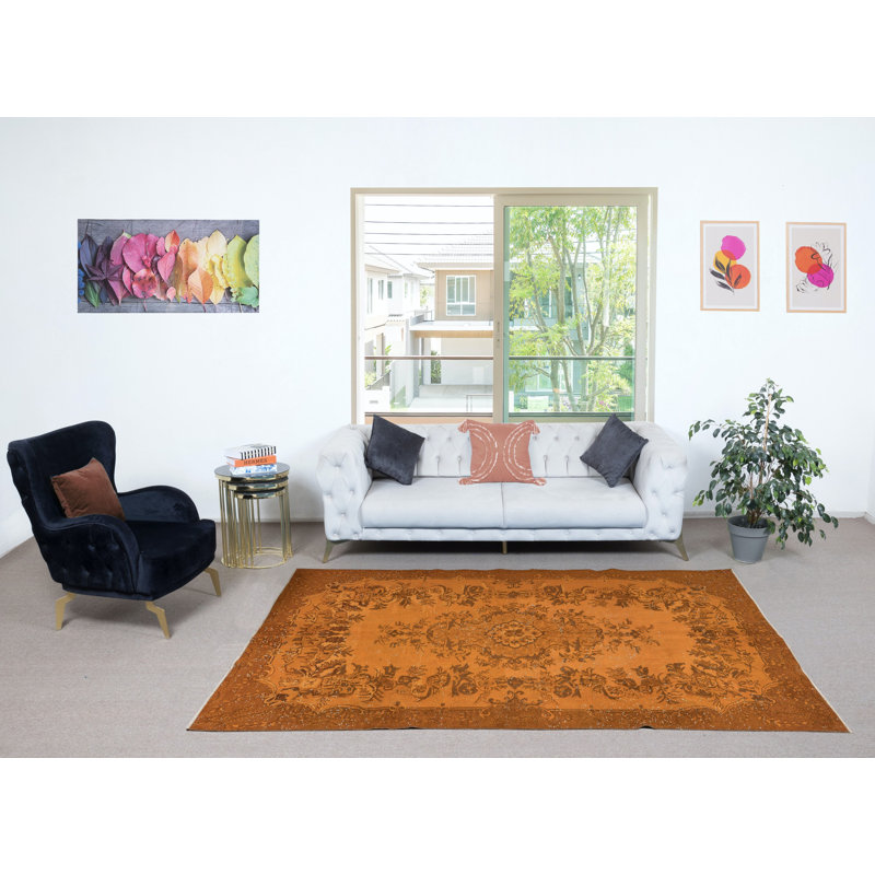 Tapis orange fabriqué à la main 6 x 9 pi. Tapis décoratif à motif médaillon