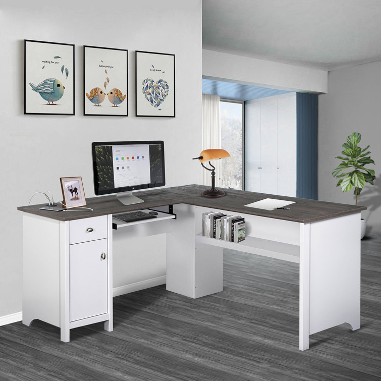 White L-Shape Executive Desk Large Home Office Desk Storage Drawers & Cabinet Left Hand