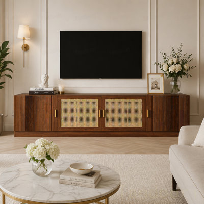 Meuble télé pour téléviseur de 85 po ou moins, console télé, console média avec portes en rotin, meuble télé à tablette réglable pour chambre à coucher