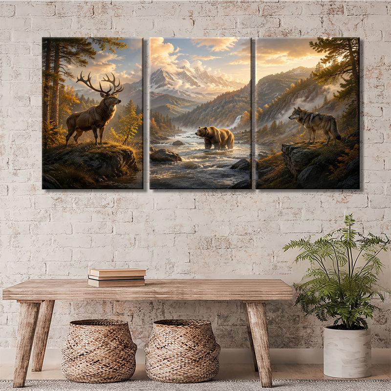 «Stag Brown Bear Wolf Snow Mountain River Autumn Forest», impression sur toile tendue 3 pièces, H 18 po x l 36 po x P 1 po
