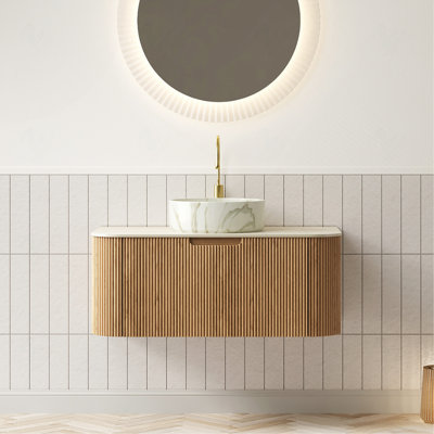 Meuble-lavabo 36 po, meuble-lavabo rayé à bords arrondis avec tiroir, cuve en céramique ronde avec motif en pierre et plateau en pierre frittée à motif de travertin, grain de bois naturel pré-assemblé