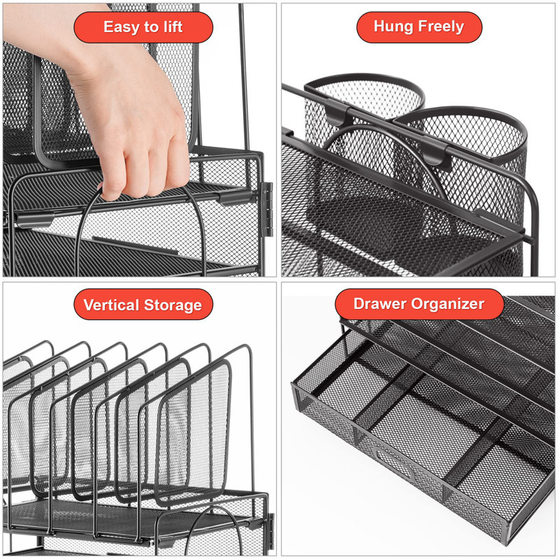 Desk Organizer With Drawer, 4-Tier Mesh Desk File Organizer With 5 Vertical File Holders And 2 Pen Holders, Multifunction Desktop Organizer