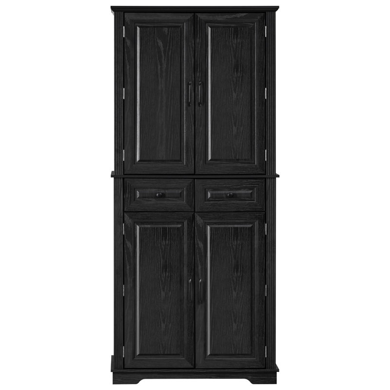 71" Tall Kitchen Pantry Vintage Embossed Textured Storage Cabinet with 2 Drawers, Freestanding Dining Hutch Cupboard, Black